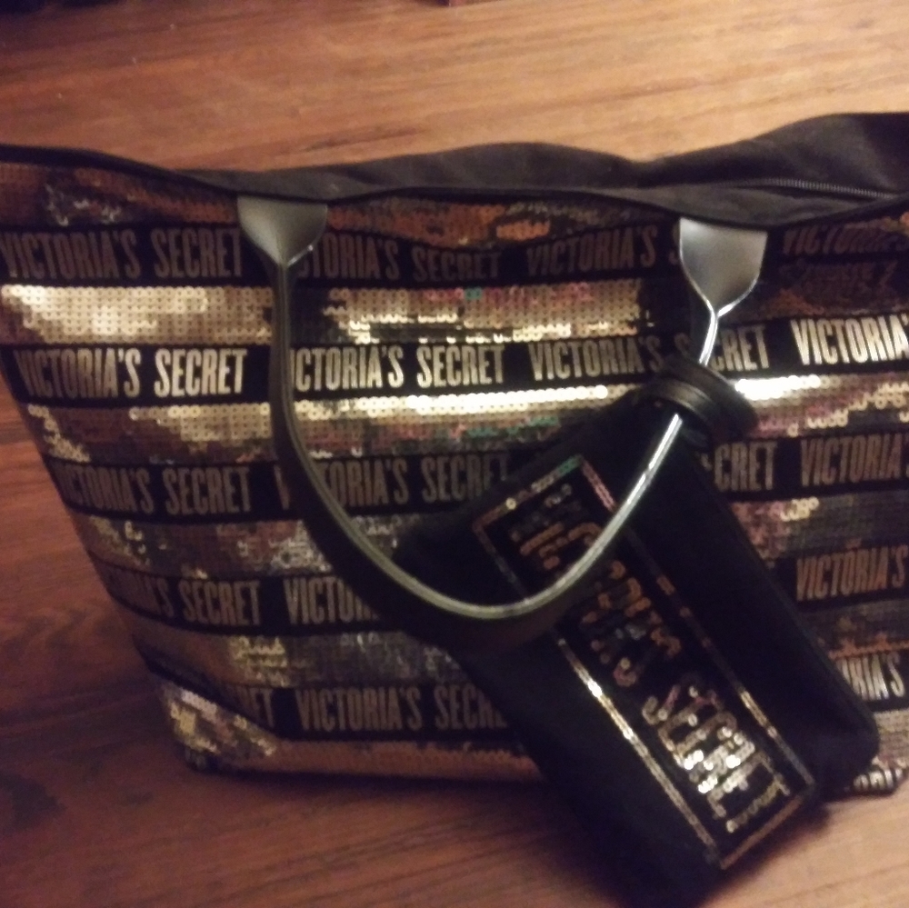 VS large sequin tote with matching makeup bag